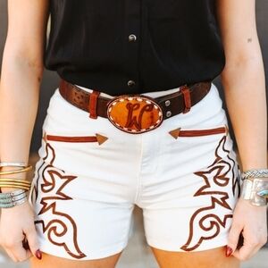 NEW LUCKY & BLESSED Ivory Embroidered Denim Shorts W/ Brown Western Boot-stitch